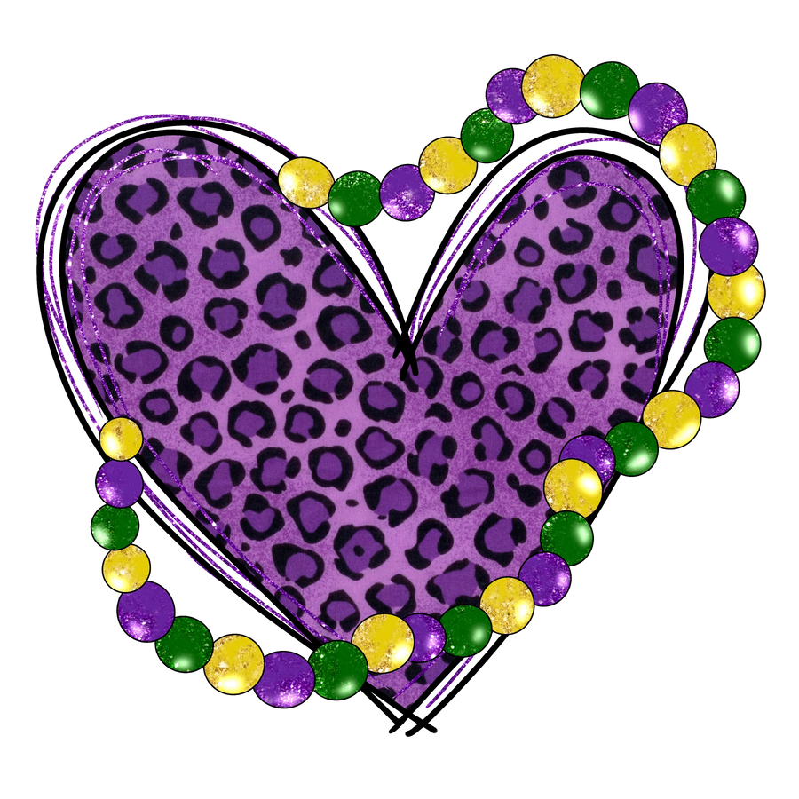 Heart Mardi Gras Leopard Design - DTF Ready To Press