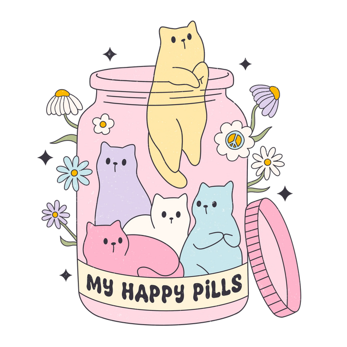 My Happy Pills Cat Design pressed on a garment