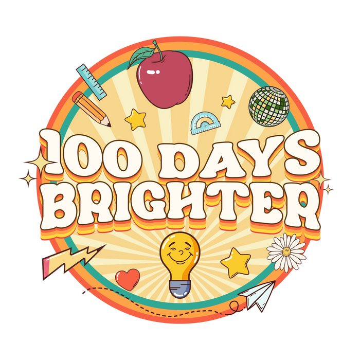 100 Days Brighter Design DTF Ready Press Apple & Books Collection pressed on a garment