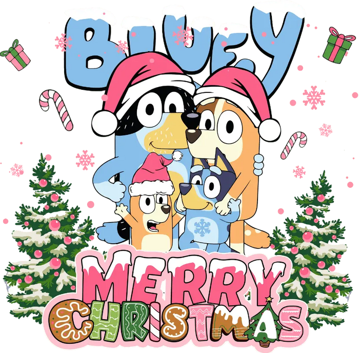 Bluey Merry Christmas Design pressed on a garment