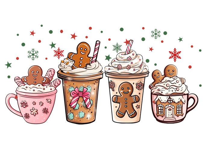 Gingerbread and Cups Christmas Design pressed on a garment