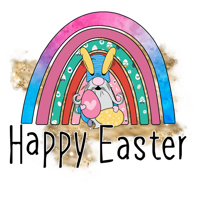 Happy Easter Gnome Rainbow Design pressed on a garment