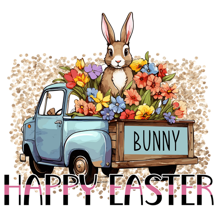 Happy Easter Bunny and Truck Design pressed on a garment