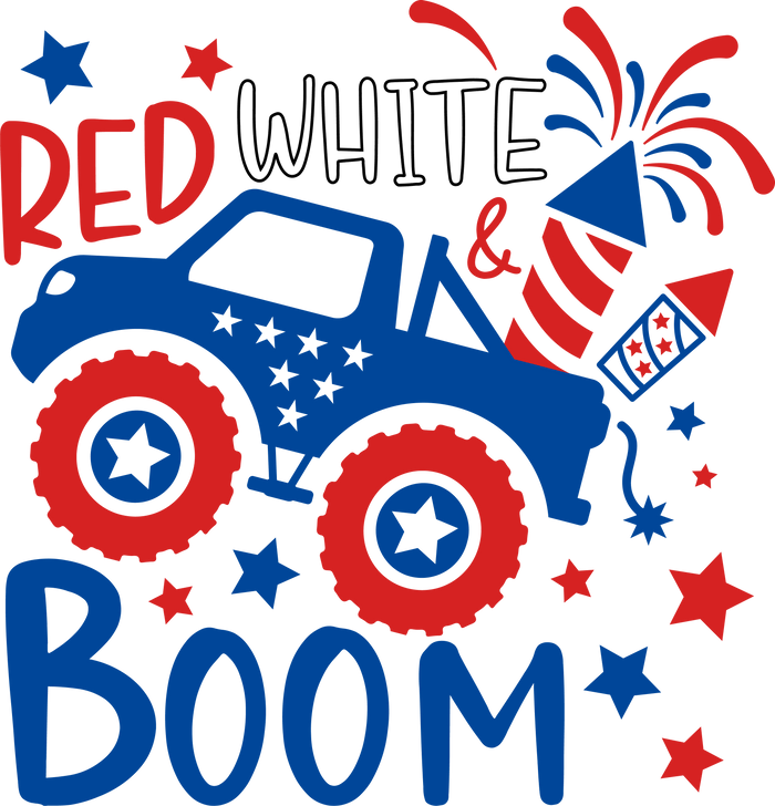 Red White Boom 4th of July Design pressed on a garment