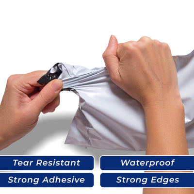 Durable White Poly Mailer showcasing tear resistance and strong adhesive for secure sealing. Ideal for shipping needs.