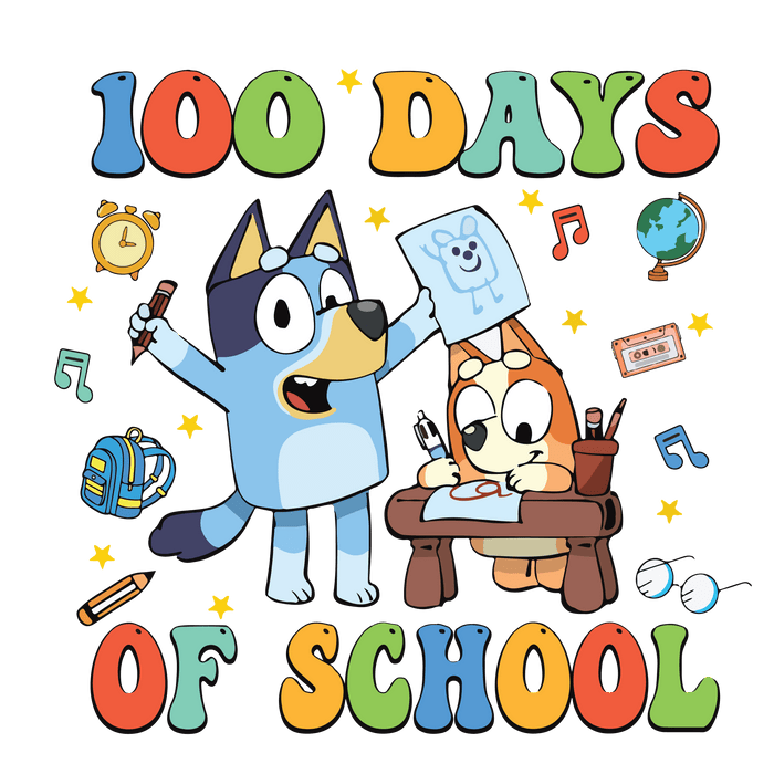 Bluey and Bingo 100 Days of School Party Design pressed on a garment