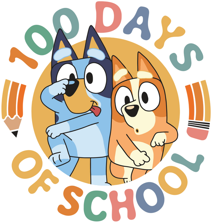 Bluey and Bingo 100 Days of School DTF-Ready V2 pressed on a garment