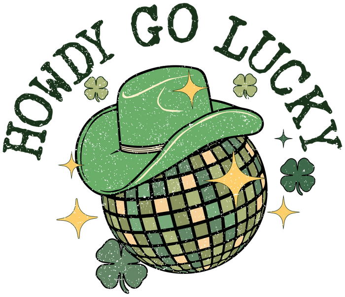 Howdy Go Lucky Patrick's Day Disco Ball Design pressed on a garment
