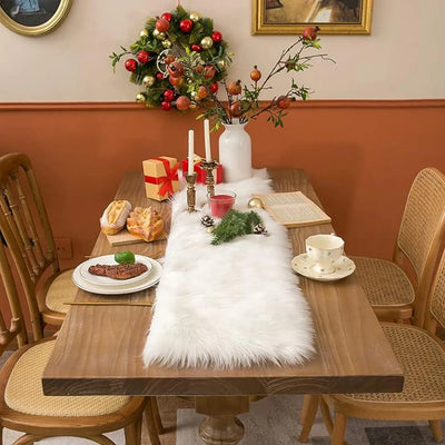 White Shaggy Faux Fur Table Runner – Soft Winter Table Decor