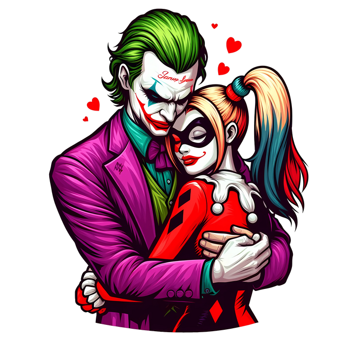 Joker and Harley Quinn Hug Me Design pressed on a garment