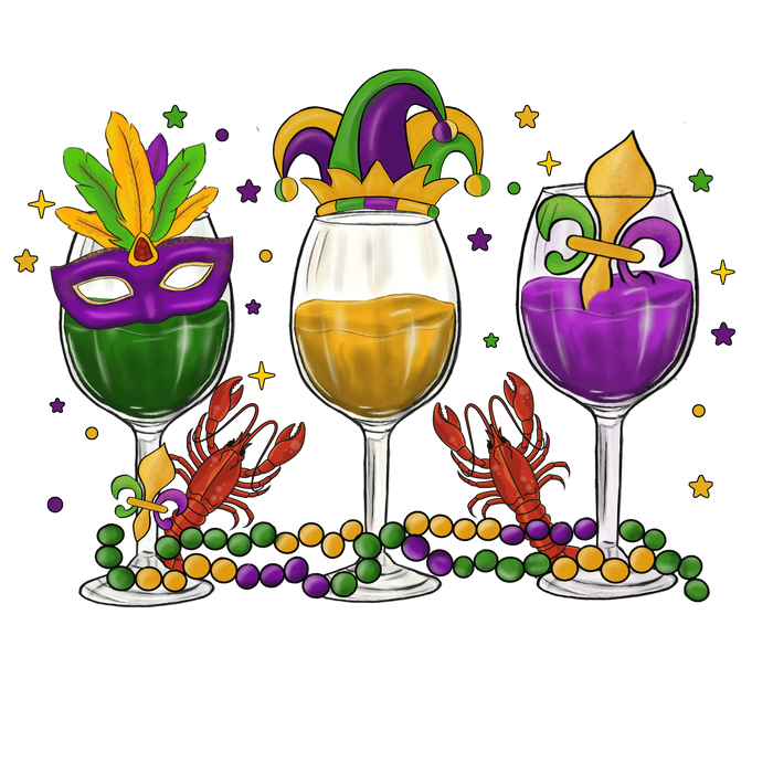 Mardi Gras Party Wine Design pressed on a garment