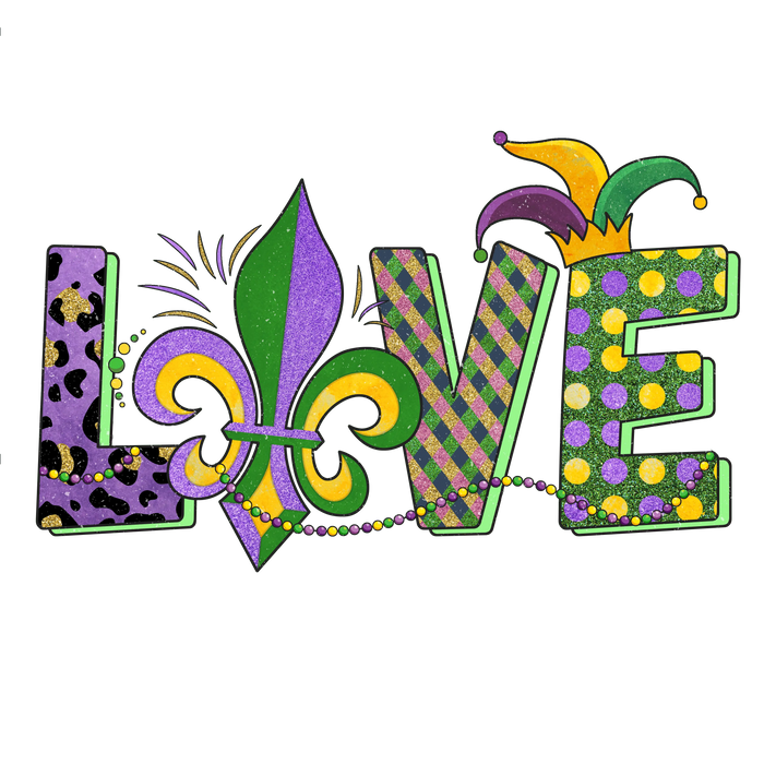 Mardi Gras Love Royal Design pressed on a garment