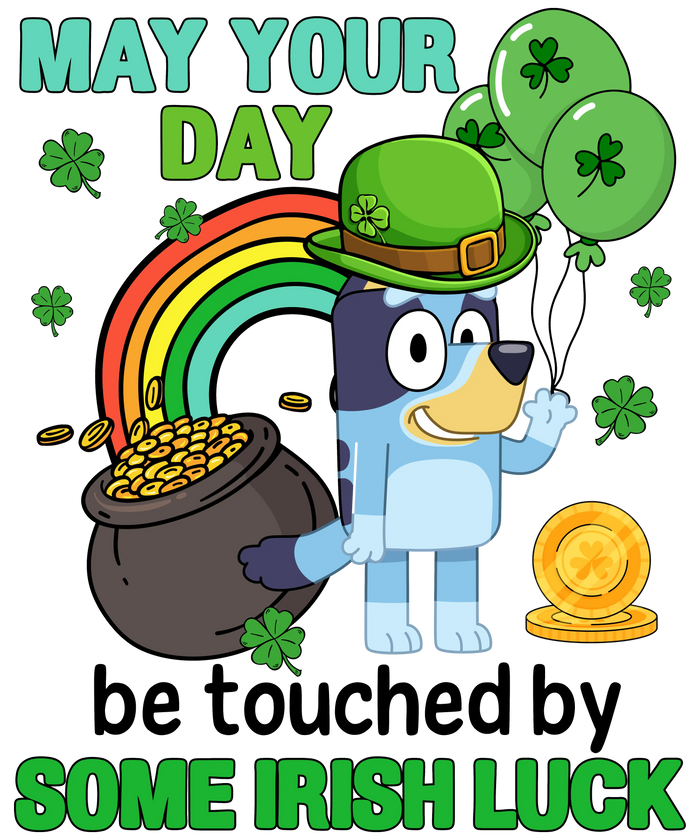 One Lucky Kid Bluey Patrick's Day Design pressed on a garment