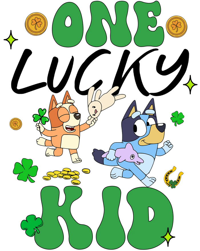 One Lucky Kid Bluey Patrick's Day pressed on a garment
